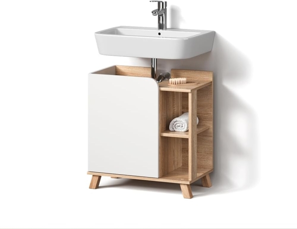 Livinity® Waschbeckenunterschrank Marano, Sonoma/Weiß/Weiß, 60 x 65 cm mit Tür und offenen Fächern