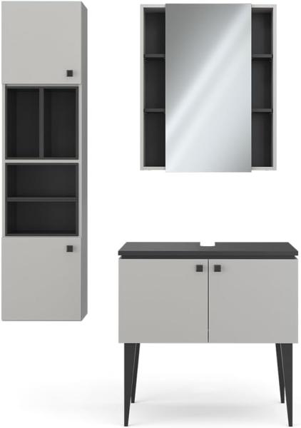 Vicco Badmöbel-Set Gerta in Grau-Schwarz, Badezimmer-Set, moderne Badserie, Spiegelschrank, Waschbeckenunterschrank, Hängeschrank mit 2 Türen