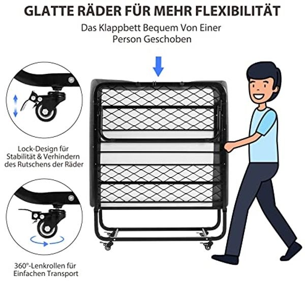 DICTAC Klappbett 90x200 cm Erwachsene Gästebett Klappbar mit ca. 13CM Dicke Gedächtnisschaum Matratze Faltbare Metallbett stabil Mit Rrollen leicht zu tragen und Zusammenzubauen bis 200kg belastbar Bild 4