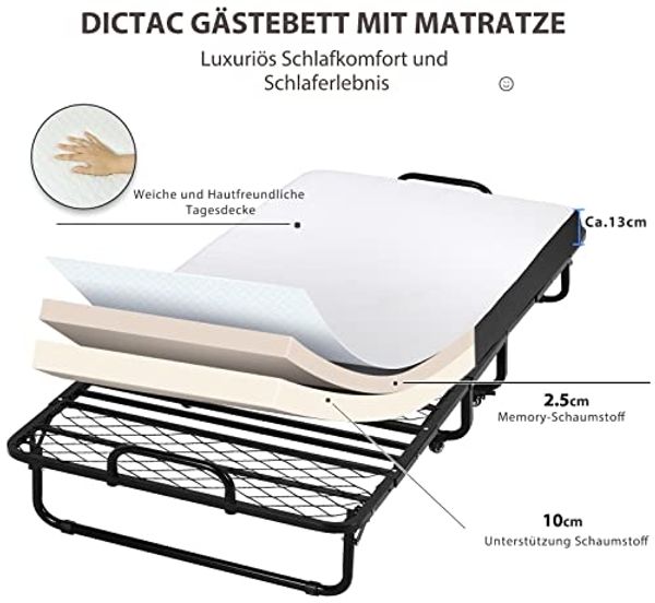 DICTAC Klappbett 90x200 cm Erwachsene Gästebett Klappbar mit ca. 13CM Dicke Gedächtnisschaum Matratze Faltbare Metallbett stabil Mit Rrollen leicht zu tragen und Zusammenzubauen bis 200kg belastbar Bild 3