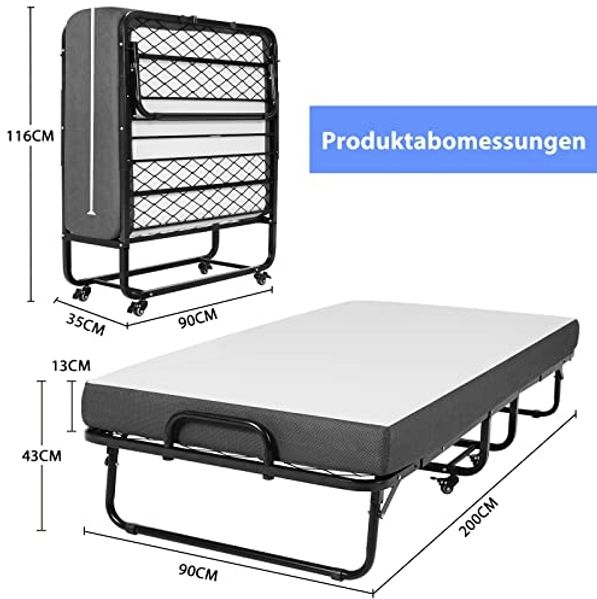 DICTAC Klappbett 90x200 cm Erwachsene Gästebett Klappbar mit ca. 13CM Dicke Gedächtnisschaum Matratze Faltbare Metallbett stabil Mit Rrollen leicht zu tragen und Zusammenzubauen bis 200kg belastbar Bild 6