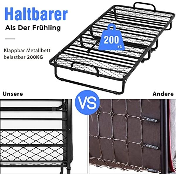 DICTAC Klappbett 90x200 cm Erwachsene Gästebett Klappbar mit ca. 13CM Dicke Gedächtnisschaum Matratze Faltbare Metallbett stabil Mit Rrollen leicht zu tragen und Zusammenzubauen bis 200kg belastbar Bild 5