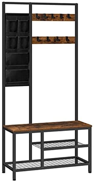 HOOBRO Garderobenständer, Garderobe, Kleiderständer mit 6 staschen und 9 Haken, Schuhregal mit Sitzfläche, Sitzbank, Viel Stauraum, für Flur, Wohnzimmer, vintagebraun-schwarz EBF24MT01