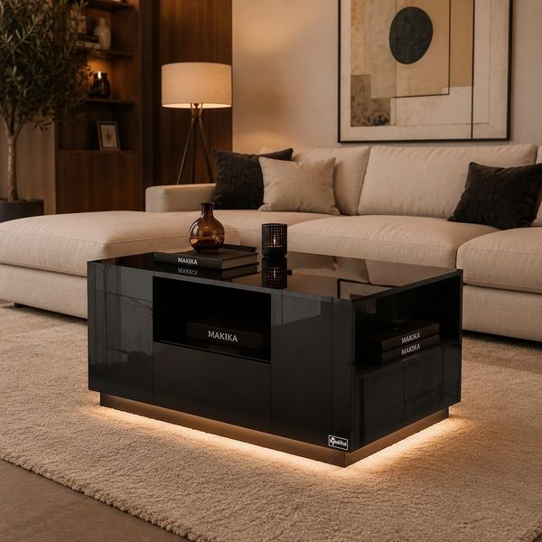 Makika LED Couchtisch mit Ablagefach und Schubladen, Holz schwarz, Hochglanz, 95 x 57 x 45 cm
