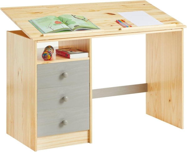 IDIMEX Kinderschreibtisch KEVIN, Kinderschreibtisch Schülerschreibtisch neigungsverstellbar Kiefer mass