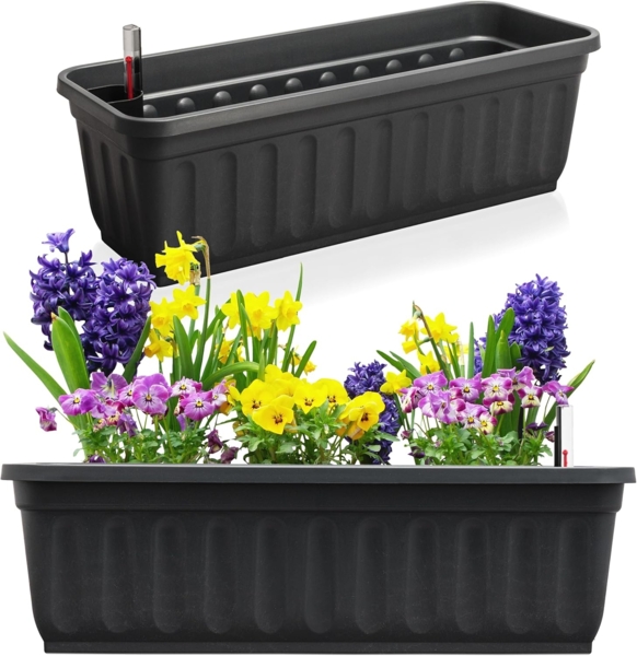 Hausfelder Blumenkasten Balkonkasten und Pflanzkasten 2er Set Anthrazit, 60cm (2 St, Jedes Set enthält: Füllstandsanzeiger, Boden, Pflanzkasten), Blumenkästen UV- und witterungsbeständig für innen und außen, matt