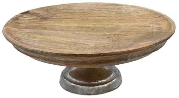 Spetebo Servierteller Mango Deko Teller mit Fuß aus Aluminium - Ø 30 cm, Holz, (Dekorativer Teller, 1-tlg, Inhalt), Holz Servierständer mit Metall Standfuß