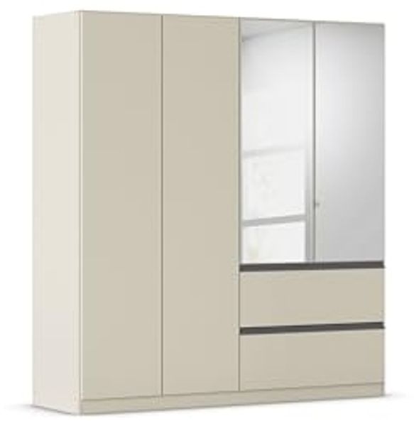 Rauch Möbel Costa, Kleiderschrank für Schlafzimmer, Kinderzimmer, Babyzimmer, Garderobe, Flur, 4-türig, mit Spiegel und 2 Schubladen, Push-to-Open, Zubehör Classic, Farbe Beige, Breite 181 cm