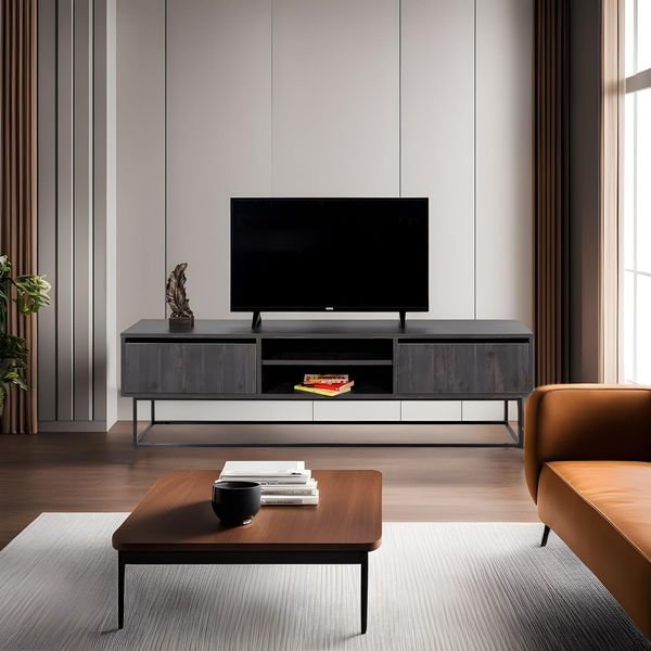 Hanah Home Industrial TV Stand with Iron Legs, Dark Brown & Black, 180 cm | 100% Melamine Coated Particle Board, 18 mm Thick | 2 Drawers & Multiple Shelves, Stylish & Functional