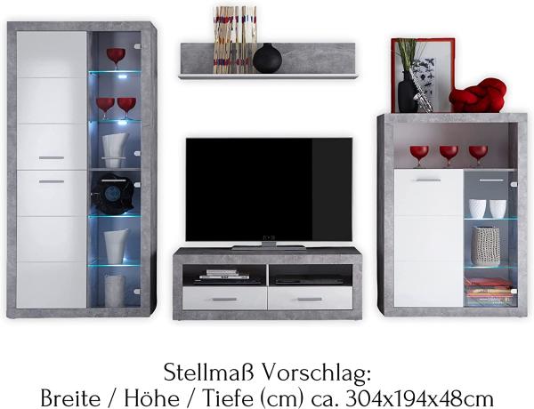 Wohnwand Spider / Stone, Glas, Holzwerkstoff, Grau, Weiß, 304 x 194 x 48 cm Bild 4