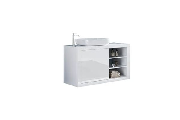 Robas Lund Basic Waschtisch-Unterschrank, Modern, Badezimmer, 110 x 90 x 47 cm, Weiß Hochglanz, Keramik, mit 2 Türen, Wandmontage