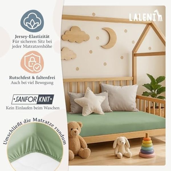Laleni 2er-Set Spannbettlaken BLaufgitter 6-eckig 100x115 cm - Oeko-Tex Zertifiziert, 100% Baumwolle, atmungsaktives Spannbetttuch Jersey Baby, 135 g/m², Summer Green - Grün Bild 4