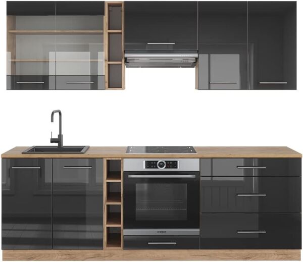 Küchenzeile Fame-Line Anthrazit Hochglanz/Goldkraft Eiche 235 cm ohne Arbeitsplatte Vicco