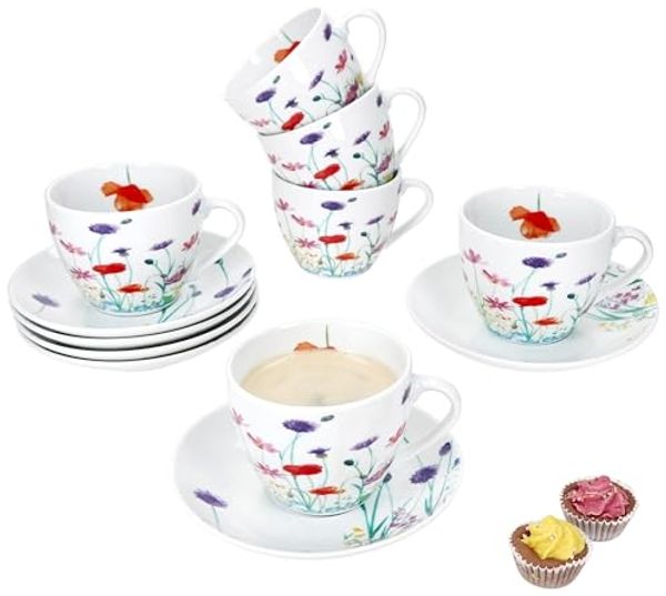 MamboCat Tasse 6er Set Marie Kaffeetassen mit Untertassen 6 Personen Porzellan Tee, Porzellan