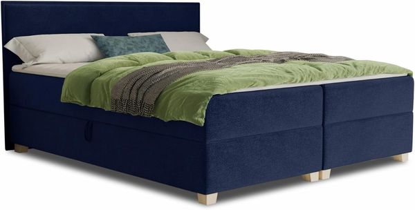 Boxspringbett Fren mit 2 Bettkästen - Doppelbett mit Bonell-Matratze und Topper, Polsterbett, Bett mit Holzfüße, Schlafzimmer (Dunkelblau (Kronos 09), 160 x 200 cm)