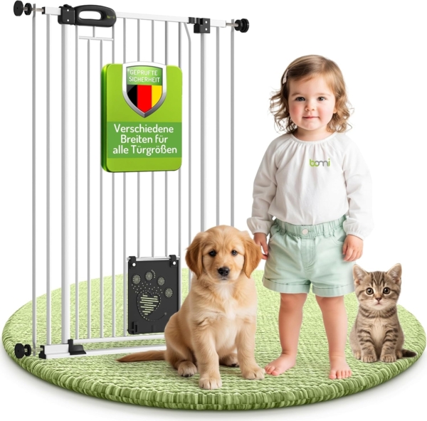 BOMI Türschutzgitter Tierschutzgitter Merle für Hunde 73–161 cm mit Tür, Katzenklappe (ohne Bohren, Verschraubbar, individuell), Tierschutzgitter ohne Bohren – Absperrgitter Tier extra enge Streben Bild 1