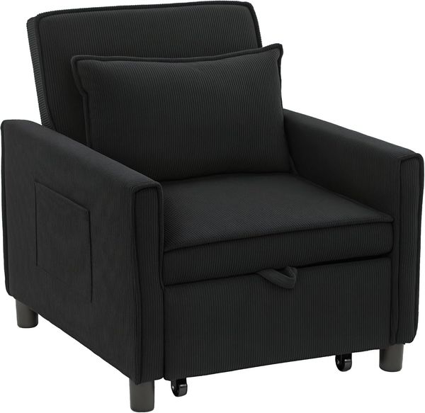 HOMCOM 3-in-1 Schlafsessel, Klappbett mit Bettfunktion, Lendenkissen, Klappbar Liegestuhl mit Verstellbarer Rückenlehne, Rollen, Seitentasche, für Wohnzimmer, Kord, Schwarz