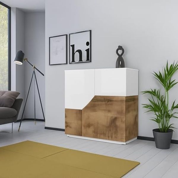 Dmora Modernes Sideboard mit 2 geometrischen Türen, Made in Italy, Küchen-Sideboard, Wohnzimmer-Design-Buffet, cm 79x43h86, glänzendes Weiß und Ahorn