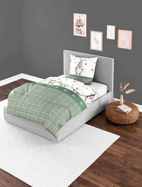 Bettwäsche Bierbaum Biber 3743-30 Grau Grün Weiß Wichtel Karo 135x200
