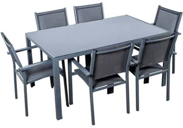 DRW Set aus Esstisch und 6 Stühlen aus schwarzem Aluminium-Textilen, 150 x 90 x 74 cm