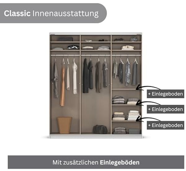 Rauch Möbel Kulmbach, Kleiderschrank mit Schwebetüren für Schlafzimmer, Kinderzimmer, Jugendzimmer, Garderobe, Flur, 3-türig, mit Spiegel, Zubehör Classic, Farbe Grau metallic, Schwarz, Breite 203 cm Bild 7