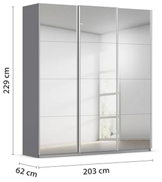 Rauch Möbel Kulmbach, Kleiderschrank mit Schwebetüren für Schlafzimmer, Kinderzimmer, Jugendzimmer, Garderobe, Flur, 3-türig, mit Spiegel, Zubehör Classic, Farbe Grau metallic, Schwarz, Breite 203 cm Bild 3