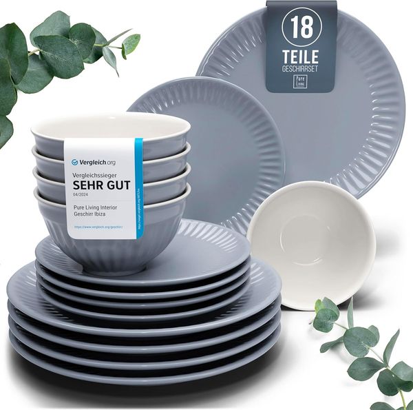 Steingut Geschirrset 6 Personen Hygge 18 tlg. TESTSIEGER, Traumhaftes Skandinavisches Steingut Geschirr Set, Schüssel- und Teller Set, Tafelservice 6 Personen, Geschirrsets Pure Living in Graublau