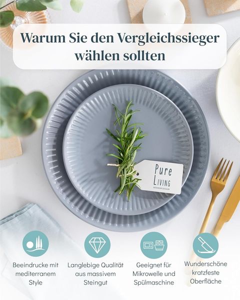 Steingut Geschirrset 6 Personen Hygge 18 tlg. TESTSIEGER, Traumhaftes Skandinavisches Steingut Geschirr Set, Schüssel- und Teller Set, Tafelservice 6 Personen, Geschirrsets Pure Living in Graublau Bild 2