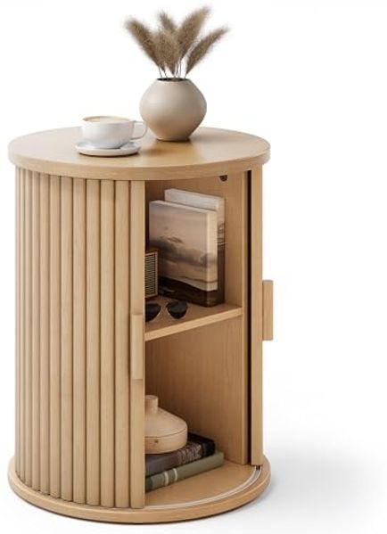 YITAHOME Runder Tisch mit Schiebetürenschrank, Beistelltisch mit 2-stöckigem Aufbewahrungsregal für Schlafzimmer, Esszimmer, Wohnzimmer, Home Office, oder Wohnung, kleiner Couchtisch/Nachttisch, helle