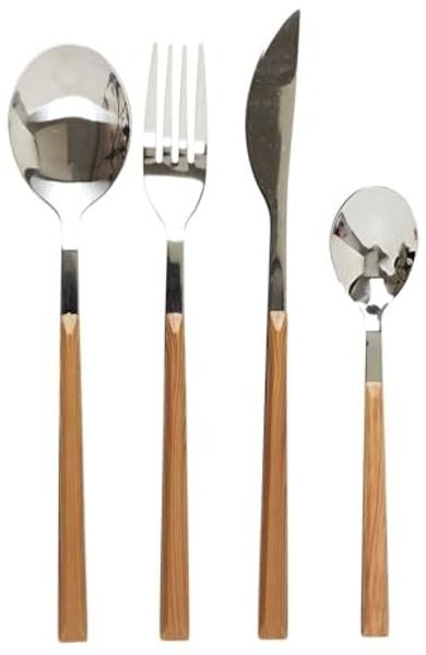 Home Deco Factory KA5991 Besteckset mit 16-teiligem Besteck, Messer, Gabeln, Esslöffel und Kaffeelöffel, Metall, Edelstahl, Holzoptik, Grau und Braun, H24,5 x 5 x 16,5 cm