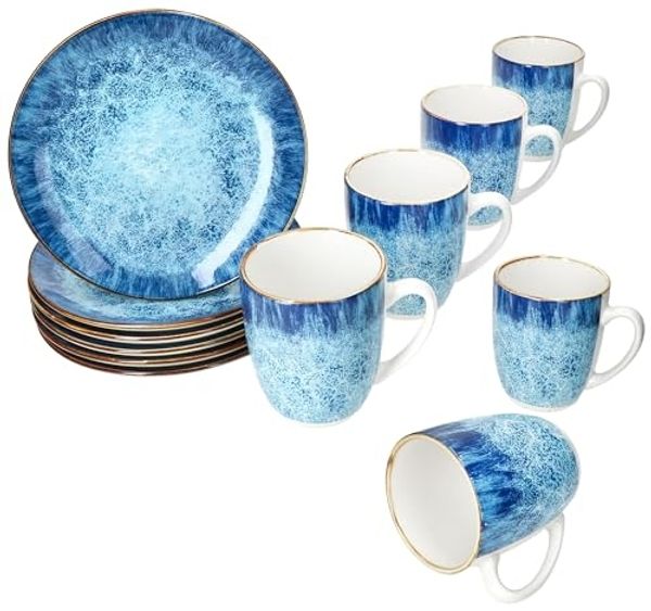 MamboCat Frühstücks-Geschirrset Marina 12tlg Frühstücksset Porzellan 6 Pers Teller Becher blau, Porzellan