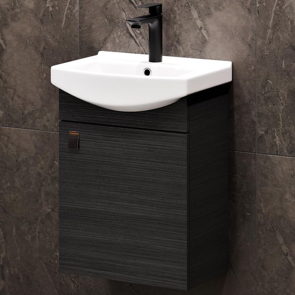 Planetmöbel Badmöbel Set aus Waschtisch mit Unterschrank 45cm in Anthrazit, Waschbecken und Armatur in Schwarz, Zeitloses Badezimmerset