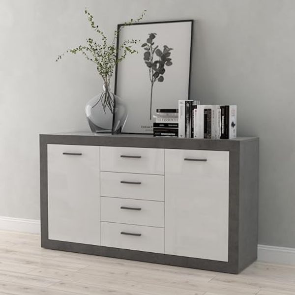 Forte TREBBIA Kommode mit 4 Schubladen und 2 Türen, Holzwerkstoff, Betonoptik Dunkelgrau/Weiß Glanz, B x H x T: 152,7 x 85,5 x 41 cm