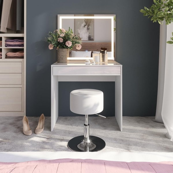 Schminktisch Sherry Weiß/Weiß Hochglanz 81.4 cm mit LED-Spiegel und Hocker Vicco