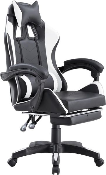 Brigros Ergonomischer Gaming-Stuhl mit Armlehnen, Bürostuhl mit Rollen, Fußstütze, Kopfstütze und Lendenkissen aus Kunstleder, Tragkraft: 125 kg (Weiß)