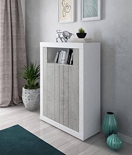Dmora - Modernes Design hohes Sideboard mit 2 Türen und Regalen, Küchenbuffet, Sideboard mit Regalen und Regalen, 105x42h143 cm, Weiß und Zementfarbe