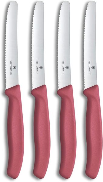 Victorinox Swiss Classic Frühstücksmesser, Brötchenmesser, Set 4teilig, Scharfe Klinge, Wellenschliff, 11 cm, Rostfreier Stahl, Rot