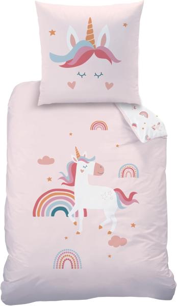 MTOnlinehandel Bettwäsche Einhorn 135x200 + 80x80 cm (Unicorn), 100% Baumwolle, 2 teilig, Mädchen-Bettwäsche Magic Tale, Regenbogen, Sterne und Wolken