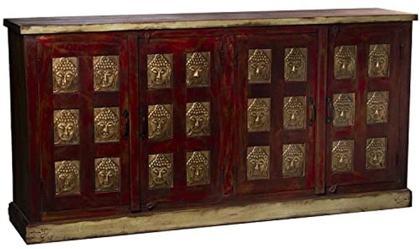 DRW Anrichte mit 4 Holztüren mit goldenen Buddhas in Rot und Natur 180 x 40 x 90 cm, bunt, Grande Bild 3
