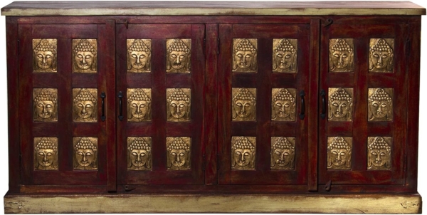 DRW Anrichte mit 4 Holztüren mit goldenen Buddhas in Rot und Natur 180 x 40 x 90 cm, bunt, Grande Bild 1
