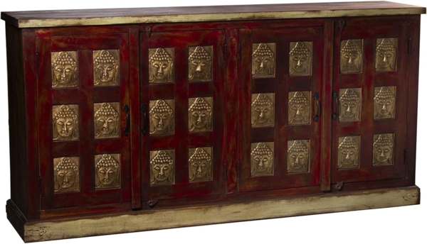 DRW Anrichte mit 4 Holztüren mit goldenen Buddhas in Rot und Natur 180 x 40 x 90 cm, bunt, Grande Bild 3