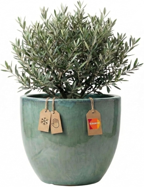 Keramik Blumentopf Eggpot Grün Ø 21cm - Frostfest Pflanzkübel Glasiert Rund