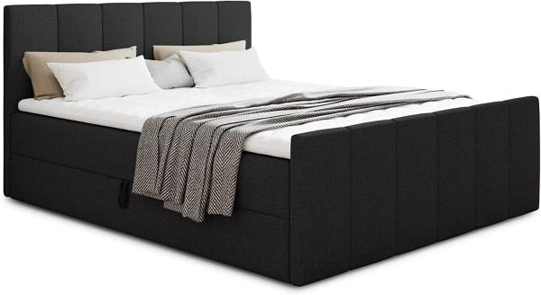 Boxspringbett Star Lux mit Fußteil, 2 Bettkästen und Matratzentopper - Doppelbett mit Topper, Bonell-Matratze, Polsterbett, Bett (Schwarz (Inari 100), 160 x 200 cm)