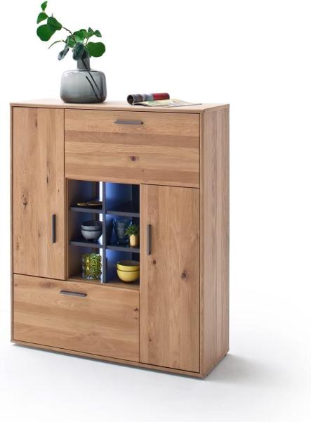 Highboard Pedro 5 Asteiche Bianco teilmassiv 104x123x37 cm Kommode mit Beleuchtung