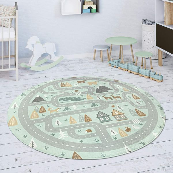 Paco Home Kinderteppich Chicos 550, rund, Höhe: 2 mm, Flachgewebe, Straßen-Spiel-Teppich, Kinderzimmer