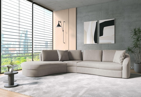 Cavadore Ecksofa Jawa / Bodennahe Eckcouch mit Sofa 2,5-sitzig und Trapezecke halbrund (60 Grad) / 366 x 88 x 230 / Flachgewebe, Hellgrau Bild 2