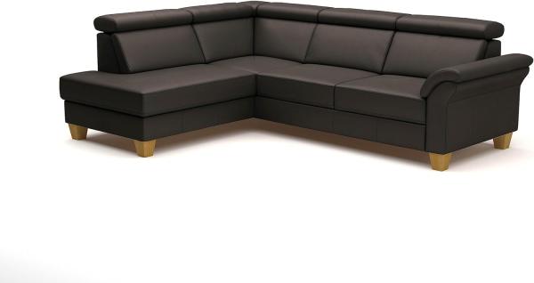 CAVADORE Leder-Schlafcouch Ammerland mit Ottomane / Landhaus-Sofa mit Federkern, Bett, Bettkasten + Kopfteilverstellung / 245 x 84 x 194 / Leder Dunkelbraun