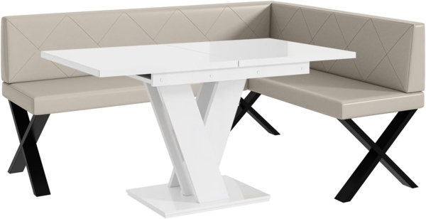 MEBLINI Eckbank für Esszimmer mit ausziehbarem Tisch - Küchenbank - Essecke - Sitzecke Küche - ERIC - X-Beine 128x168x87cm Rechts - Beige Kunstleder/M Weiß Hochgl.