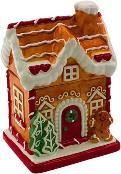 Dekohelden24 Keksdose Keramikdose, Vorratsdose, Zuckerdose, Weihnachtsdose als Lebkuchenhaus, Keramik, Größe L/B/H: 13 x 11 x 19 cm