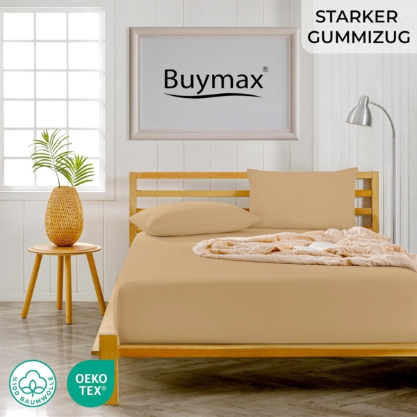 Buymax® Spannbettlaken 160x200 cm Doppelpack 100% Baumwolle Spannbetttuch Bettlaken Jersey, Matratzenhöhe bis 25 cm, Farbe Sand Bild 2